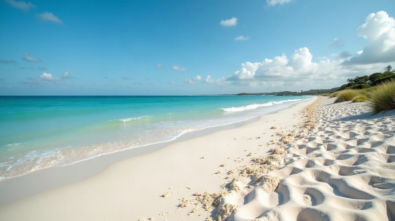 Lagon peu profond et plage de sable blanc bordée de cocotiers