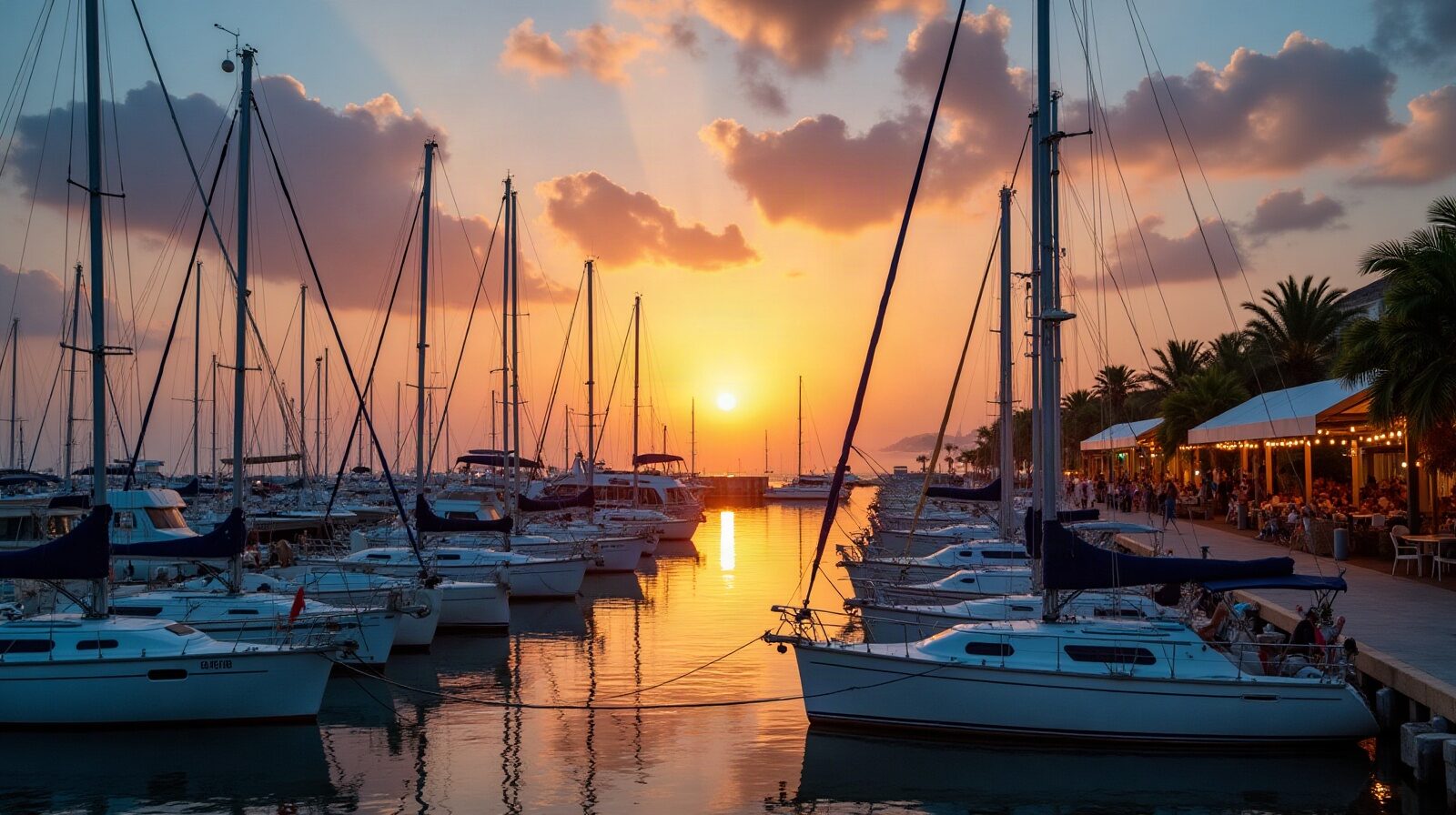 Voiliers amarrés dans une marina antillaise au coucher du soleil
