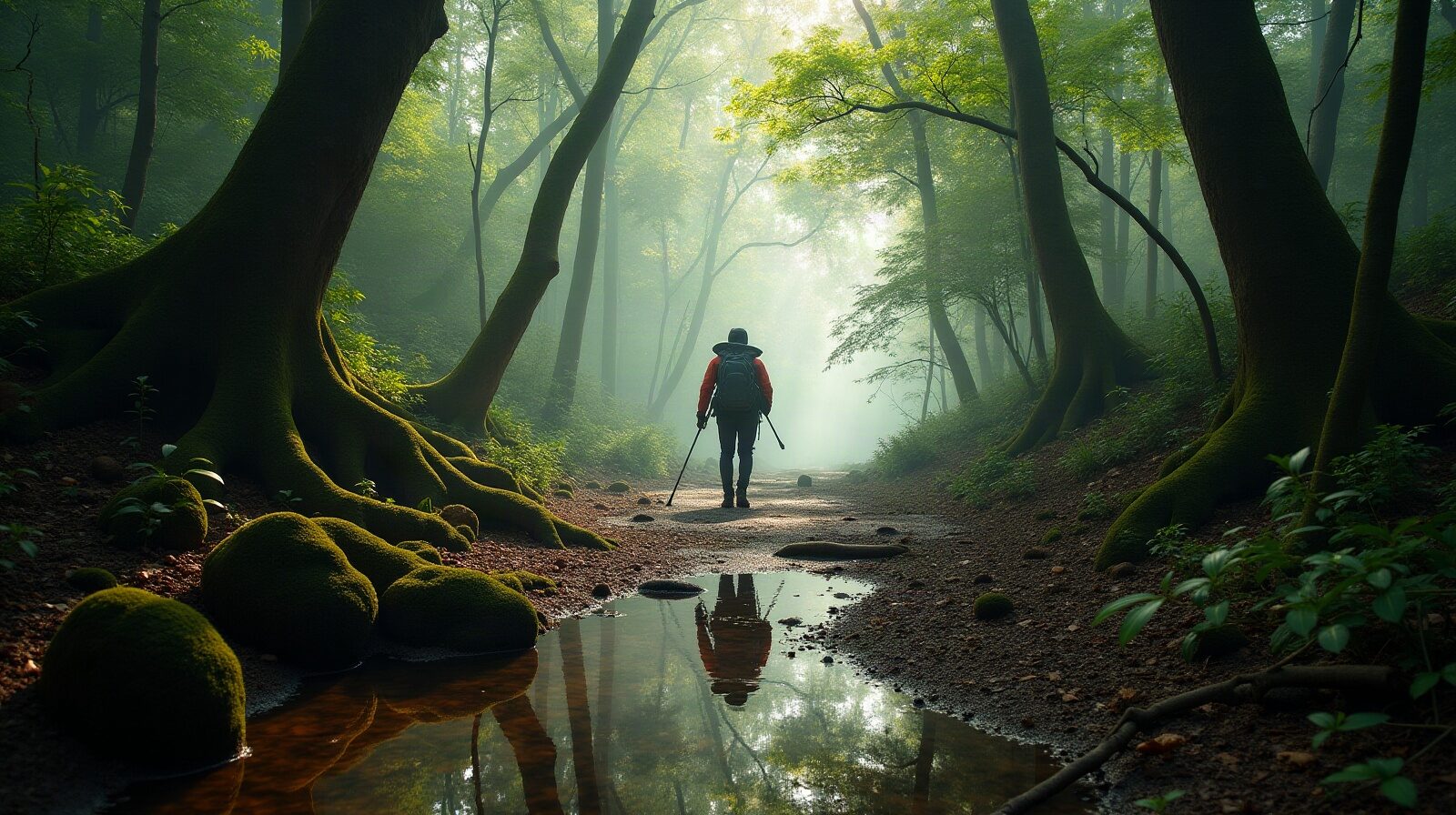 Sentier forestier humide en Basse-Terre, fougères arborescentes et lumière filtrée