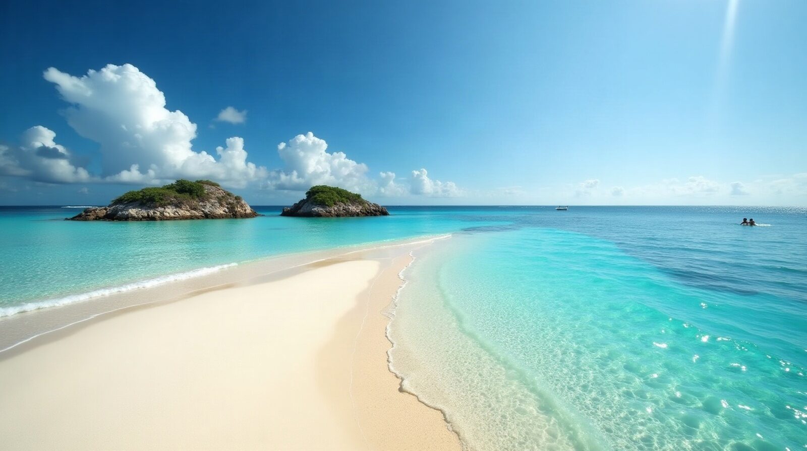 Une anse de sable clair bordée d'arbres, eau turquoise
