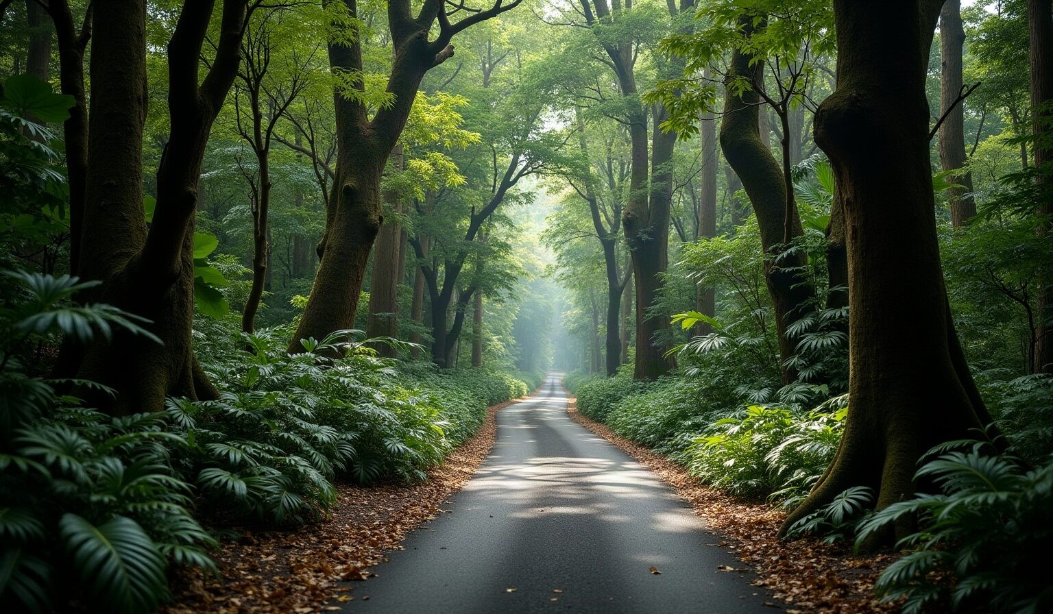 Route forestière sinueuse sous la canopée dense de la forêt tropicale de Basse-Terre