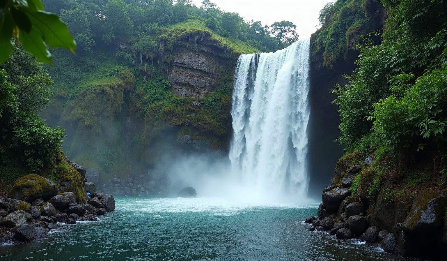 Cascade haute tombant dans un bassin rocheux au milieu de la forêt humide