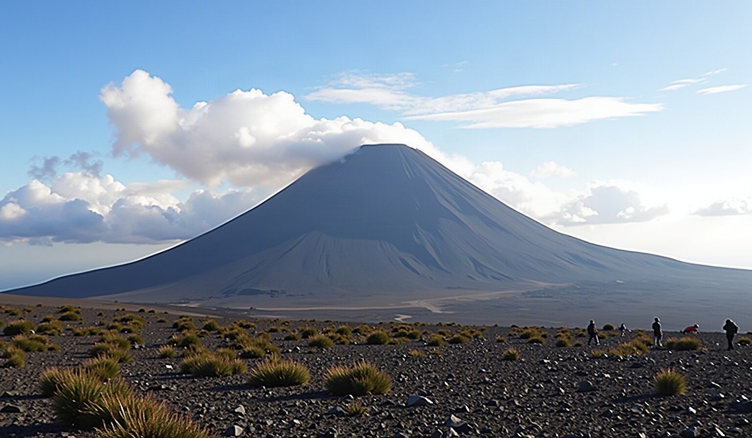 Plateau sommital volcanique avec fumerolles, sol clair et végétation rase